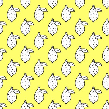 Tekstil, not defterleri, hatıra defterleri, baskılar, giysiler, duvar kağıtları için sarı zemin üzerinde limon meyvesi olan vektörsüz desen
