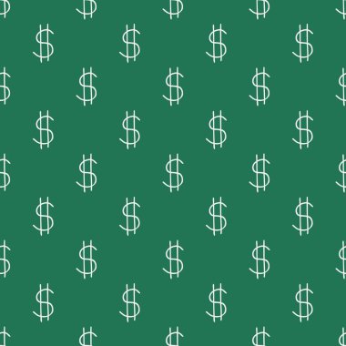 Tekstil, not defterleri, hatıra defterleri, baskılar, giysiler, duvar kağıtları, oyun kağıtları için yeşil arka planda elle çizilmiş dolar amblemi ile vektörsüz desen