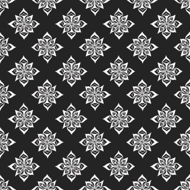 Tekstil, not defterleri, duvar kağıtları, giysiler, arkaplan için siyah zemin üzerinde beyaz soyut eşkenar dörtgen ile vektörsüz desen
