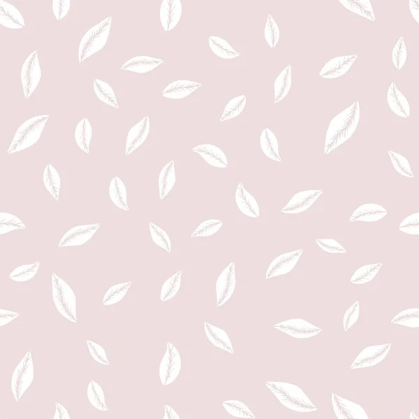 Vector Naadloos Patroon Met Witte Hand Getekend Eenvoudige Bladeren Roze — Stockvector