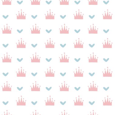 Seamless pattern with hand drawn hearts and crowns. Vector repeating doodle elements. clipart
