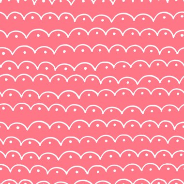Basit, pürüzsüz, elle çizilmiş dalgalar ve pembe arka planda noktalar. Baskı, arkaplan, kiremit, tekstil, duvar kağıdı, kıyafet, bebek odası çizimleri