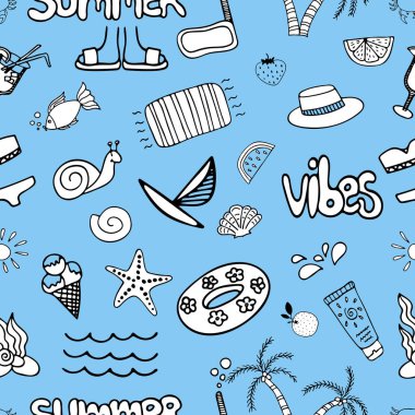 Karalama seti olan kusursuz bir şablon. Baskı, duvar kâğıdı, çocuksu tasarım ve diğer şeyler için mavi zemin üzerinde modaya uygun şekilde çizilmiş el resmi