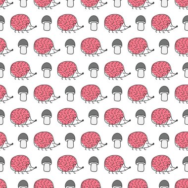 Beyaz arka planda pembe kirpiler ve mantarlar olan kusursuz bir desen. Elle çizilmiş sevimli karalama çizimi.