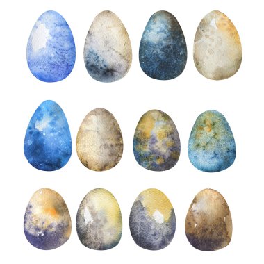 Elle çizilmiş Paskalya yumurta suluboya küme. Gösterim amacıyla tebrik