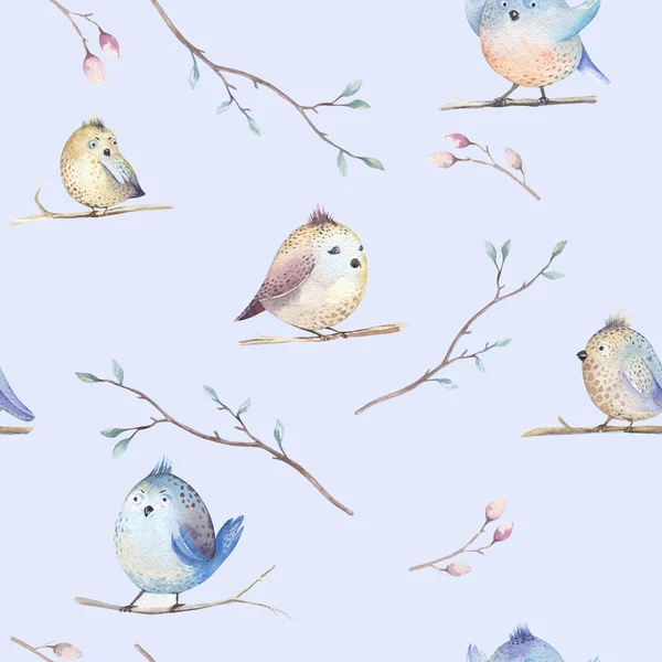 Akvarel na jaře rustikální vzorek s hnízdo, ptáci, větve, strom — Stock fotografie