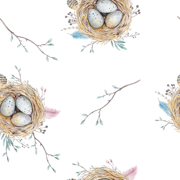 Акварель натуральный цветочный винтажный бесшовный узор с гнездами — стоковое фото