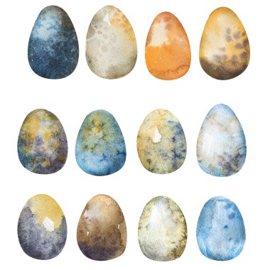 Elle çizilmiş Paskalya yumurta suluboya küme. Gösterim amacıyla tebrik