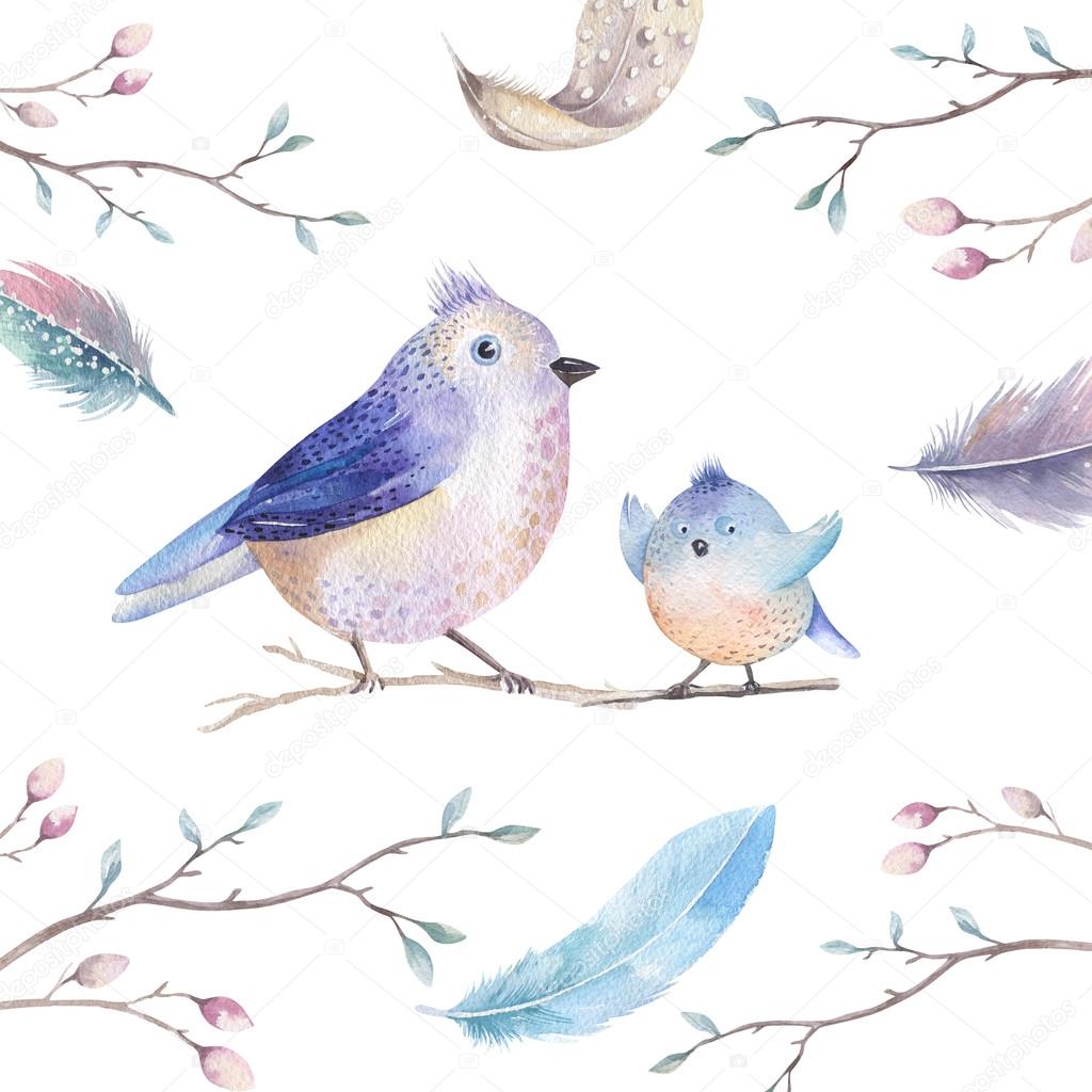 A mano disegno acquerello volante fumetto uccello Witman foglie rami e piume Acquerello arte illustrazione in stile vintage boho — Foto di mykef