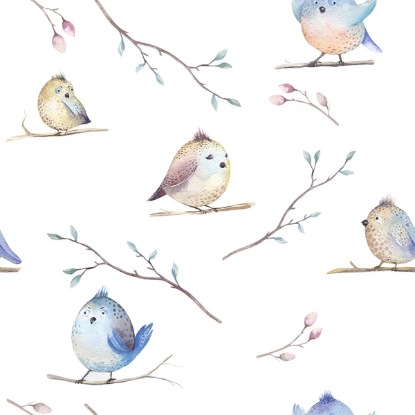 Prosty wzór akwarela wiosna z gniazda, ptaki, gałąź, drzewo — Zdjęcie stockowe