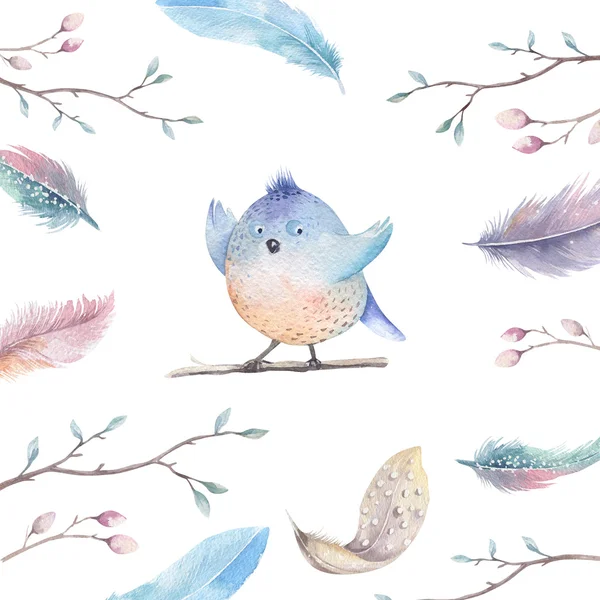 Strony rysunku akwarela latający kreskówka ptak witm liści, branche — Zdjęcie stockowe