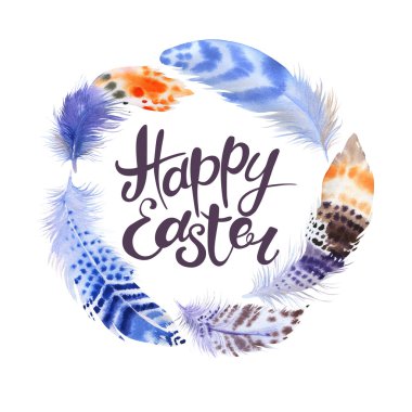 Happy Easter lettering with watercolor feathers. Typographical B