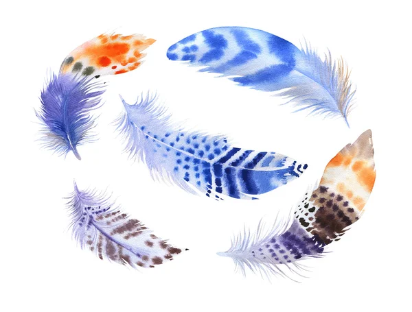 Hand drawn watercolor paintings vibrant feather set. Boho style — Stock Photo, Image