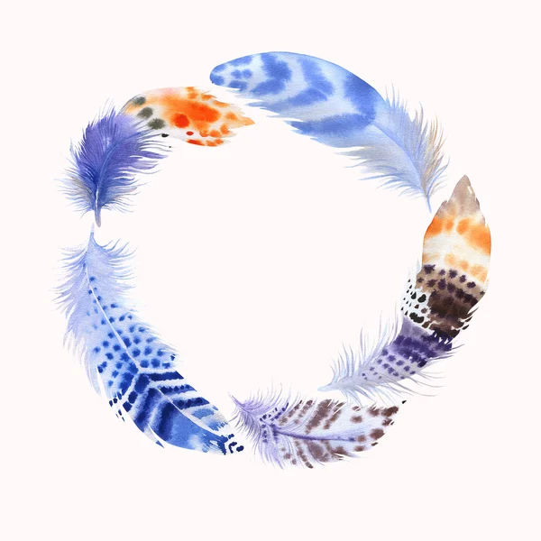 Watercolour feathers. Wreath border. Watercolor for fashion desi — Stock Photo, Image