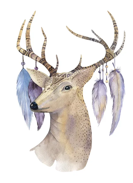 Aquarelle dessinée à la main cerf aztèque. flèches ethniques dans le style amérindien. dessin aquarelle. Ornement d'illustration tribal Navajo isolé sur blanc. Indien, pérou — Photo