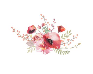 Suluboya vintage çiçek buketi. Boho bahar çiçek ve yaprak