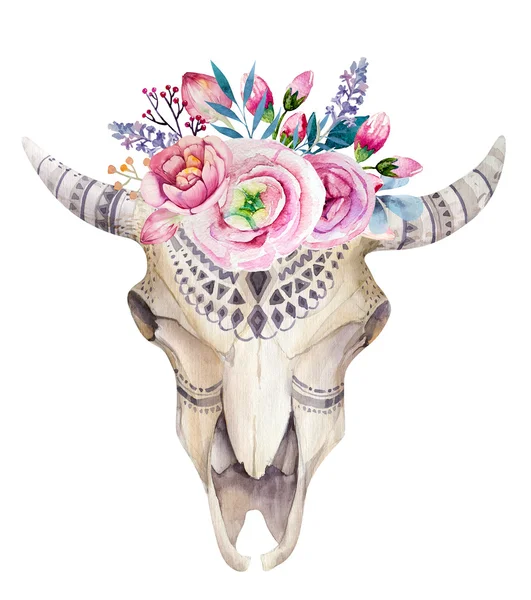 Watercolor cow skull with flowers and feathers decoration. Boho — Stock Photo, Image