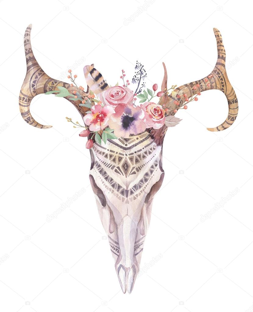 Watercolor bohemian deer skull.  Western mammals. Watercolour  boho decoration print antlers with flowers, feathers. Isolated on white background. Boho style.  Hand drawn illustration. Ethnic themed