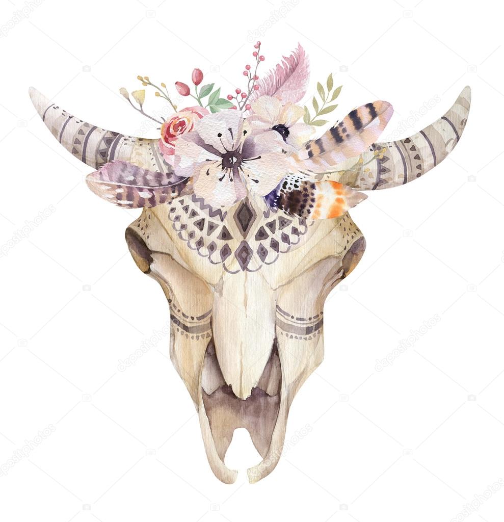 Watercolor bohemian cow skull with floral decor