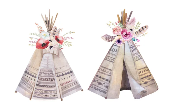 Acuarela dibujada a mano tribal tipis —  Fotos de Stock