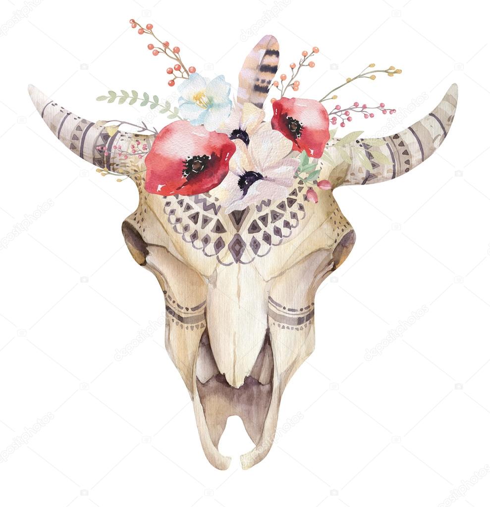 Watercolor bohemian cow skull with floral decor