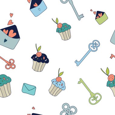 Anahtarlar, kek ve kalpler.