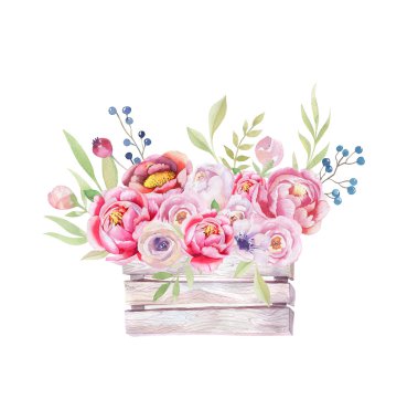 Suluboya çiçek ahşap kutu.