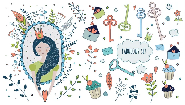 Coleção de fadas com princesa, unicórnio e arco-íris — Vetor de Stock