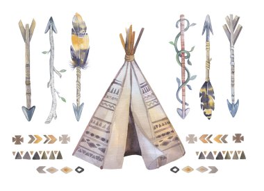 Watercolor teepee, arrows, fearhers and tomahawk. Boho america clipart