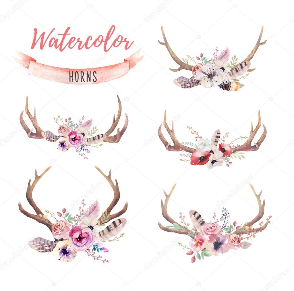 Set of watercolor floral boho antler print.  western bohemian decoration. Hand drawn vintage deer horns with flowers, leaves and herbs. Eco style hipster illustration on white.