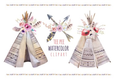 Handdrawn watercolor  tribal teepee clipart