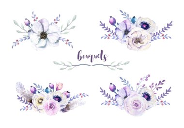 Suluboya vintage çiçek buketleri kümesi