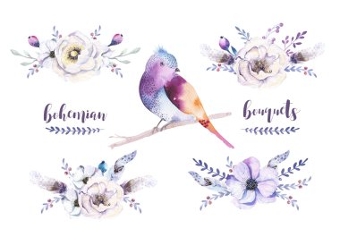 Suluboya vintage çiçek buketleri kümesi