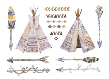 Watercolor teepee, arrows and fearhers clipart
