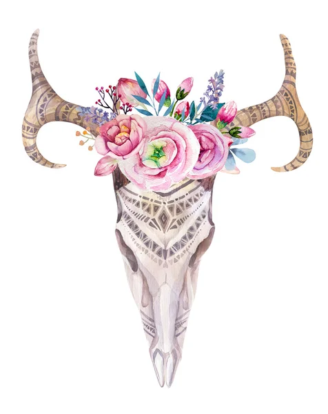 Watercolor skull with flowers — Stock Photo, Image