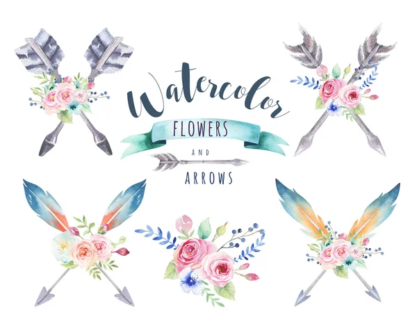 Watercolor ethnic set of arrows and flowers — Stock Photo, Image