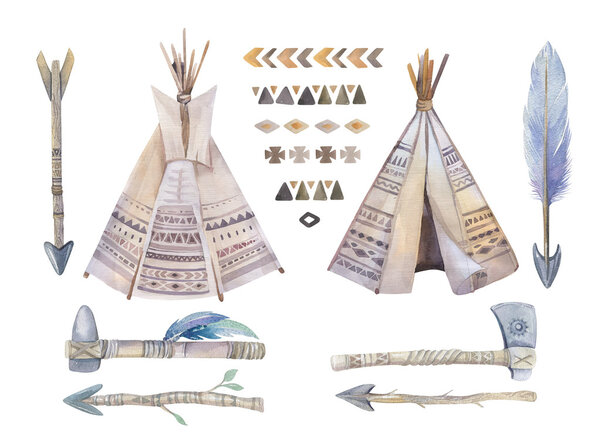 Watercolor teepee, arrows, fearhers and tomahawks