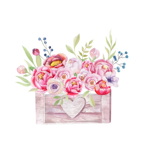 Aquarela flores caixa de madeira — Fotografia de Stock