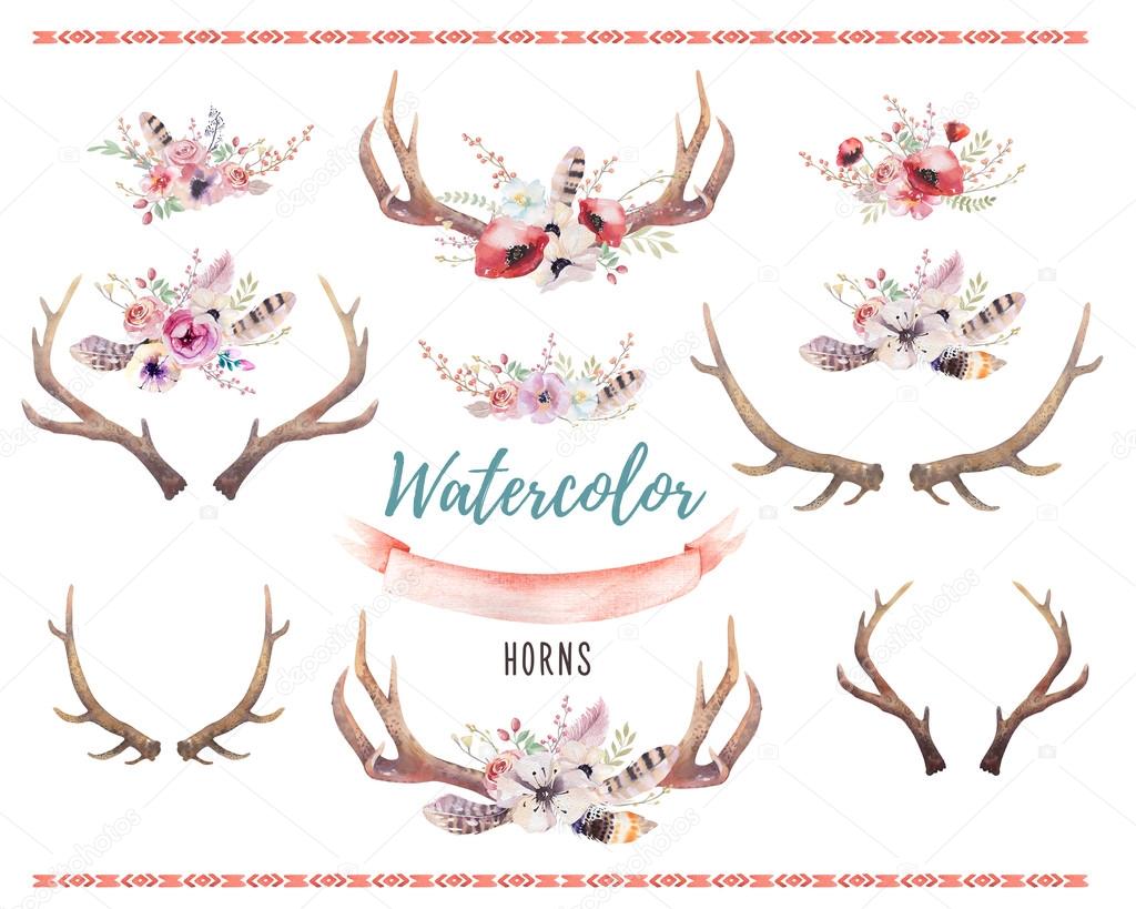 Hand drawn vintage deer horns with flowers, leaves and herbs. Eco style hipster illustration on white