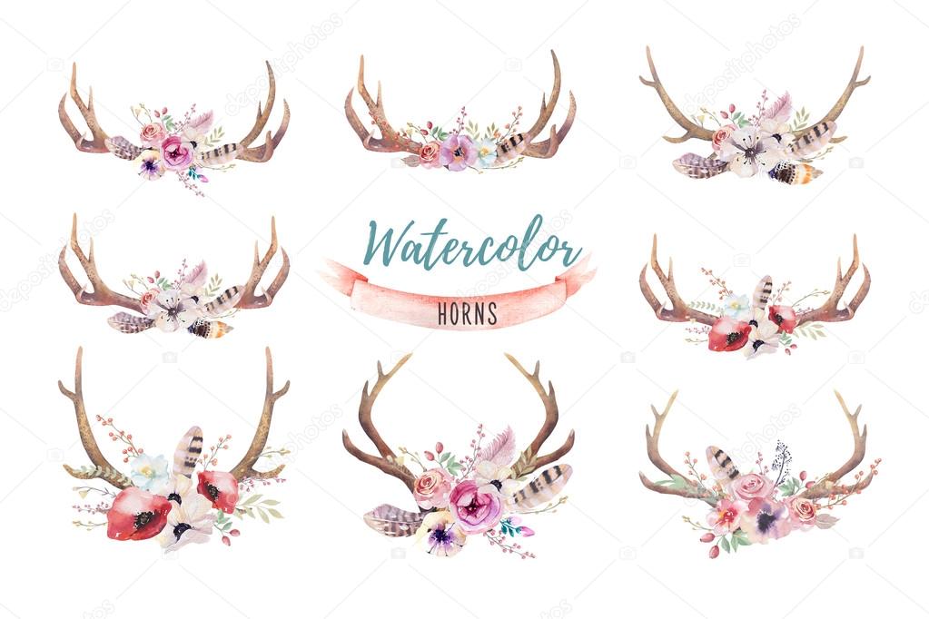 Hand drawn vintage deer horns with flowers, leaves and herbs. Eco style hipster illustration on white
