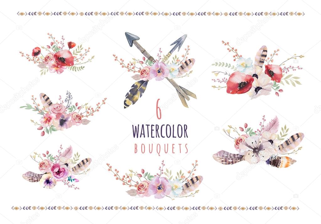 Set of watercolor vintage floral bouquets. Boho spring flowers and leaf  frame isolated on white background: succulent, branches, leaves, feathers, berries, peony, rose. Hand painted natural design