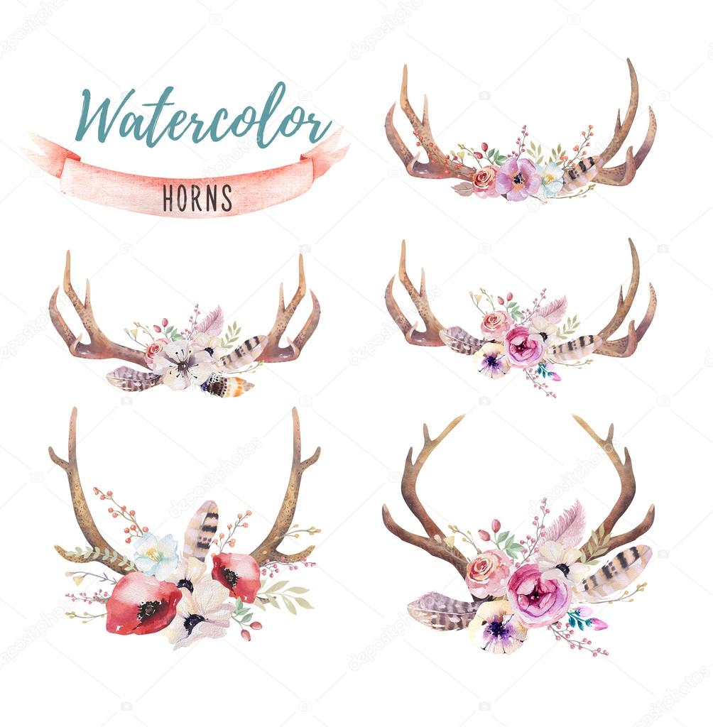Hand drawn vintage deer horns with flowers, leaves and herbs. Eco style hipster illustration on white