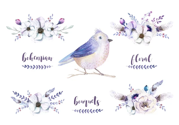 Set of watercolor bouquets and bird — Stock Photo, Image