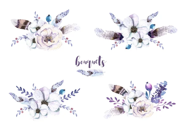 Set of watercolor bouquets with feathers — Stock Photo, Image