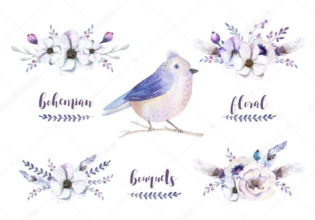 Set of watercolor bouquets and bird