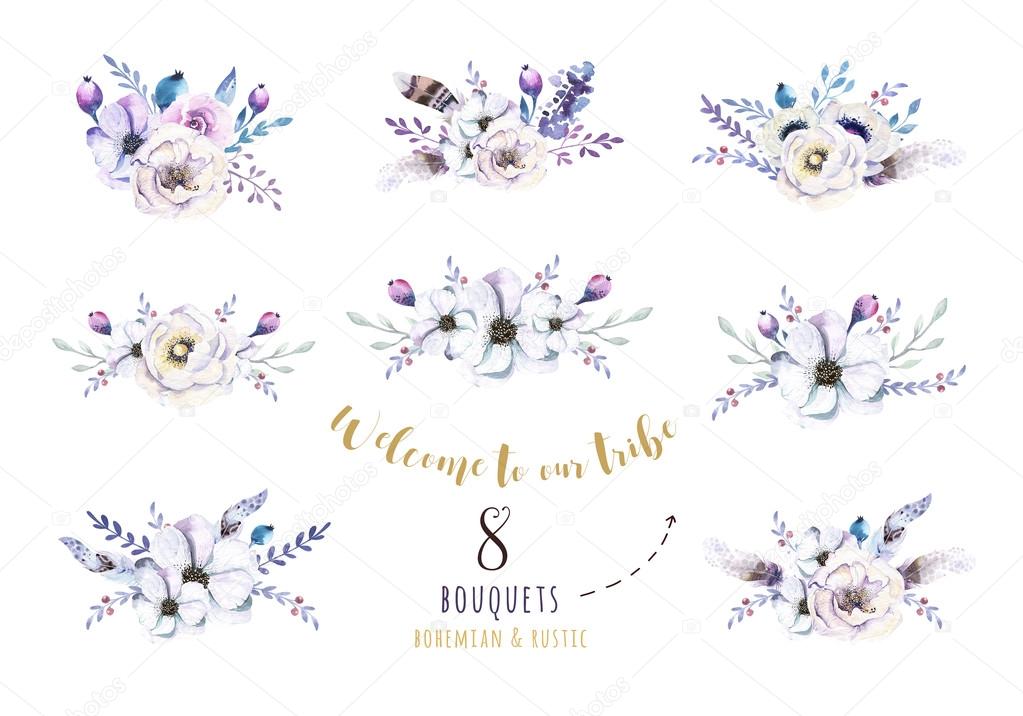Set of watercolor vintage floral bouquets with feathers. Boho natural spring flowers and leaves frames isolated on white background. Bohemian autumn chic