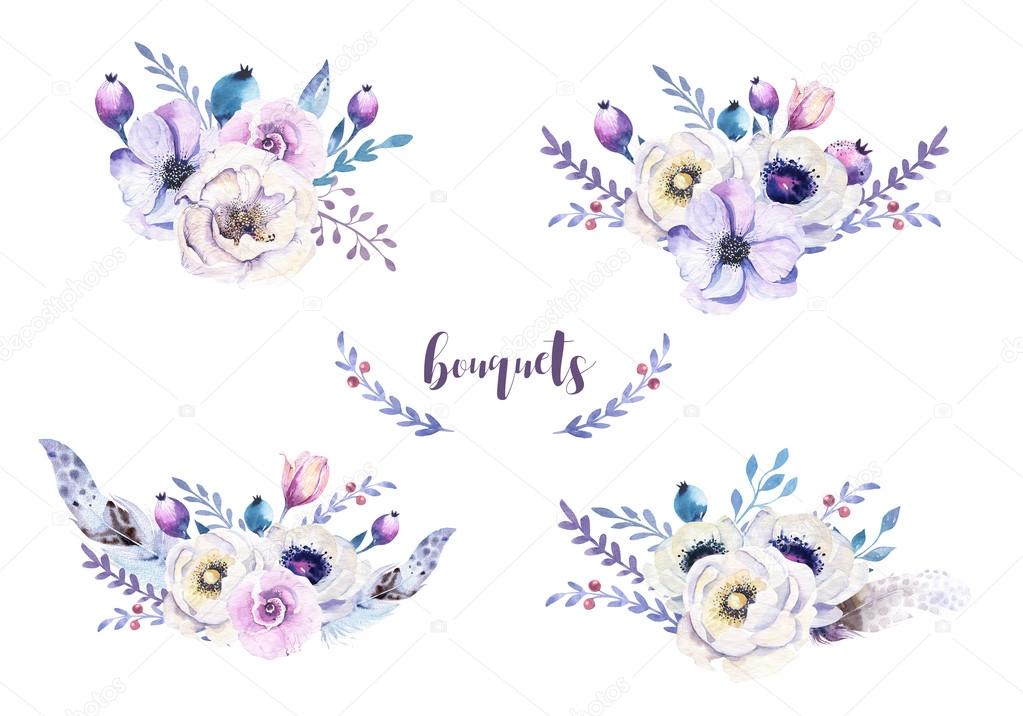 Set of watercolor bouquets with feathers