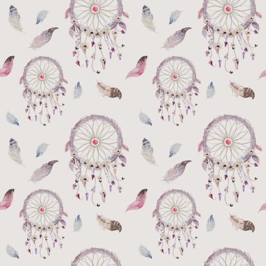 Düş kapanı ve tüy desen. Suluboya bohem dekorasyon