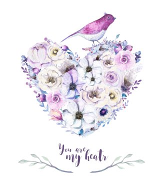 Watercolor vintage rose floral piony heart bouquet. Boho spring clipart