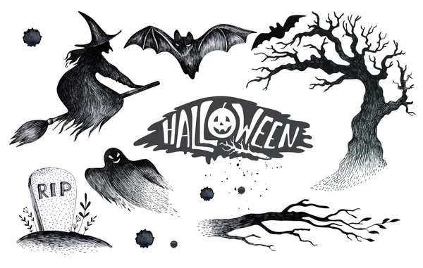 Halloween ruční černé bílé grafiky nastavit ikonu, tažené Hallo — Stock fotografie